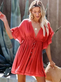 Boho Chic Women Babydoll Mini Dress - Ruffle Sleeve V Neck Button Front - Summer Beach Resort 2026
