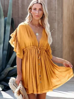 Boho Chic Women Babydoll Mini Dress - Ruffle Sleeve V Neck Button Front - Summer Beach Resort 2026