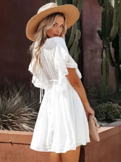 Boho Chic Women Babydoll Mini Dress - Ruffle Sleeve V Neck Button Front - Summer Beach Resort 2026
