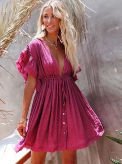 Boho Chic Women Babydoll Mini Dress - Ruffle Sleeve V Neck Button Front - Summer Beach Resort 2026