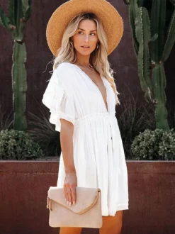 Boho Chic Women Babydoll Mini Dress - Ruffle Sleeve V Neck Button Front - Summer Beach Resort 2026