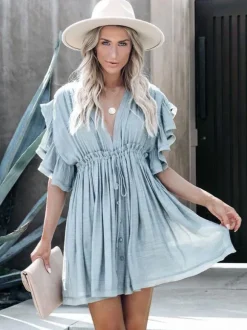 Boho Chic Women Babydoll Mini Dress - Ruffle Sleeve V Neck Button Front - Summer Beach Resort 2026