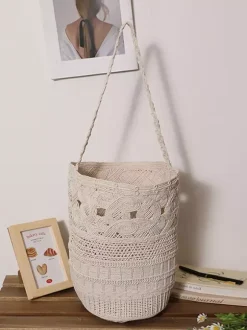 Boho Cotton Rope Crochet Bucket Tote Bag Hollow Woven Shoulder Bag Summer Beach Vacation Handbag