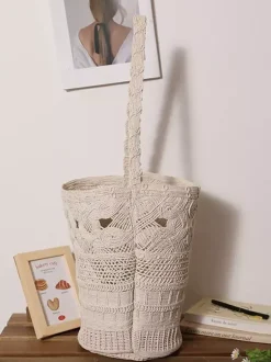Boho Cotton Rope Crochet Bucket Tote Bag Hollow Woven Shoulder Bag Summer Beach Vacation Handbag