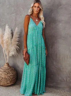 Boho Dot Maxi Slip Dress for Women - Mint Green V Neck Tiered Ruffle Backless Sundress - Summer Beach Resort 2026