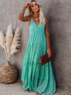 Boho Dot Maxi Slip Dress for Women - Mint Green V Neck Tiered Ruffle Backless Sundress - Summer Beach Resort 2026
