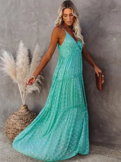 Boho Dot Maxi Slip Dress for Women - Mint Green V Neck Tiered Ruffle Backless Sundress - Summer Beach Resort 2026