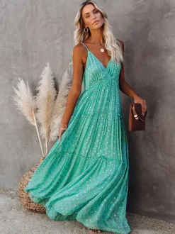 Boho Dot Maxi Slip Dress for Women - Mint Green V Neck Tiered Ruffle Backless Sundress - Summer Beach Resort 2026
