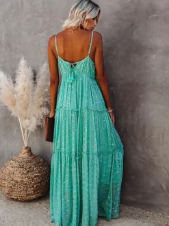Boho Dot Maxi Slip Dress for Women - Mint Green V Neck Tiered Ruffle Backless Sundress - Summer Beach Resort 2026