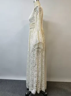 Boho Floral Lace Maxi Dress For Women - Apricot V-Neck Empire Waist Flare Sleeve Long Gown - Spring Beach Resort 2026