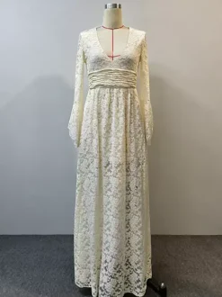Boho Floral Lace Maxi Dress For Women - Apricot V-Neck Empire Waist Flare Sleeve Long Gown - Spring Beach Resort 2026