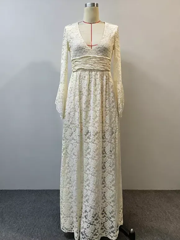 Boho Floral Lace Maxi Dress For Women - Apricot V-Neck Empire Waist Flare Sleeve Long Gown - Spring Beach Resort 2026