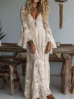 Boho Floral Lace Maxi Dress For Women - Apricot V-Neck Empire Waist Flare Sleeve Long Gown - Spring Beach Resort 2026