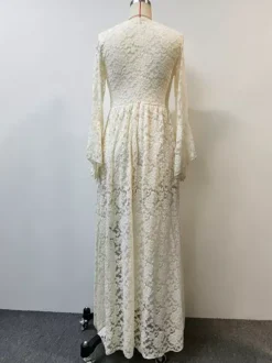 Boho Floral Lace Maxi Dress For Women - Apricot V-Neck Empire Waist Flare Sleeve Long Gown - Spring Beach Resort 2026