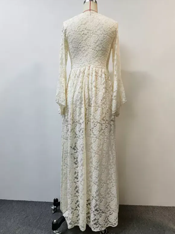Boho Floral Lace Maxi Dress For Women - Apricot V-Neck Empire Waist Flare Sleeve Long Gown - Spring Beach Resort 2026