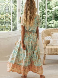 Boho Floral Maxi Dress for Women - Paisley V Neck Flutter Sleeve Layered Swing Dress - Summer Beach Party 2026