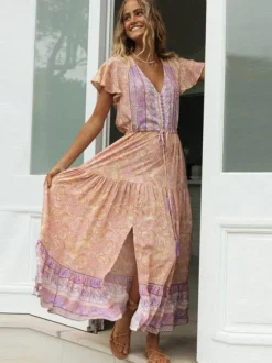 Boho Floral Maxi Dress for Women - Paisley V Neck Flutter Sleeve Layered Swing Dress - Summer Beach Party 2026