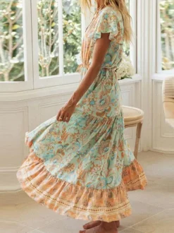 Boho Floral Maxi Dress for Women - Paisley V Neck Flutter Sleeve Layered Swing Dress - Summer Beach Party 2026
