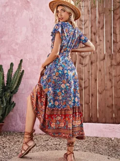 Boho Floral Wrap Dress for Women - Printed V Neck Ruffle Sleeve Long Dress - Summer Beach Holiday 2026