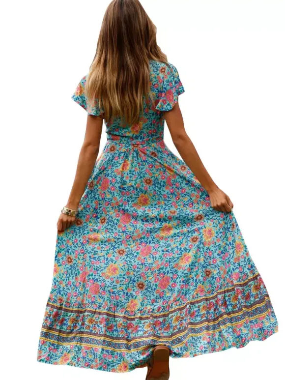 Boho Floral Wrap Maxi Dress - Blue V Neck High Split Long Dress - Summer Beach Vacation 2026