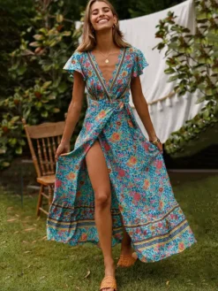 Boho Floral Wrap Maxi Dress - Blue V Neck High Split Long Dress - Summer Beach Vacation 2026