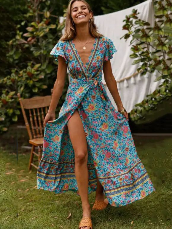 Boho Floral Wrap Maxi Dress - Blue V Neck High Split Long Dress - Summer Beach Vacation 2026