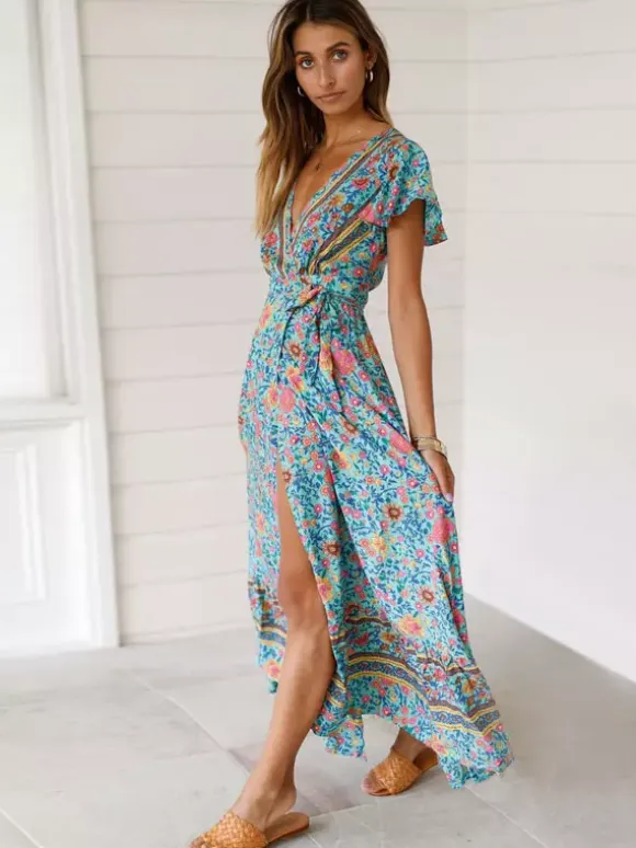 Boho Floral Wrap Maxi Dress - Blue V Neck High Split Long Dress - Summer Beach Vacation 2026