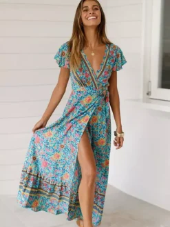 Boho Floral Wrap Maxi Dress - Blue V Neck High Split Long Dress - Summer Beach Vacation 2026