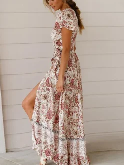 Boho Floral Wrap Maxi Dress For Women - Cream Ethnic Print V Neck Short Sleeve Dress - Summer Beach Vacation 2026