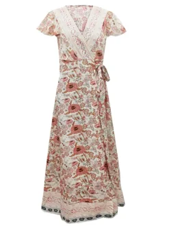 Boho Floral Wrap Maxi Dress For Women - Cream Ethnic Print V Neck Short Sleeve Dress - Summer Beach Vacation 2026
