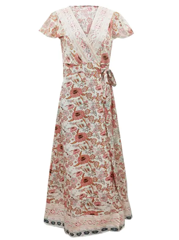 Boho Floral Wrap Maxi Dress For Women - Cream Ethnic Print V Neck Short Sleeve Dress - Summer Beach Vacation 2026