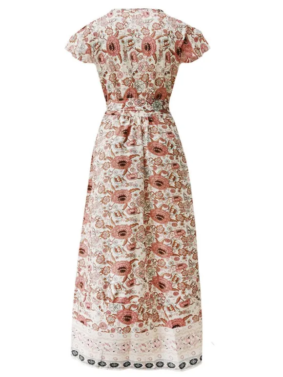 Boho Floral Wrap Maxi Dress For Women - Cream Ethnic Print V Neck Short Sleeve Dress - Summer Beach Vacation 2026