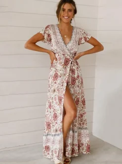 Boho Floral Wrap Maxi Dress For Women - Cream Ethnic Print V Neck Short Sleeve Dress - Summer Beach Vacation 2026