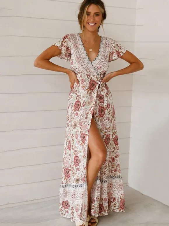Boho Floral Wrap Maxi Dress For Women - Cream Ethnic Print V Neck Short Sleeve Dress - Summer Beach Vacation 2026