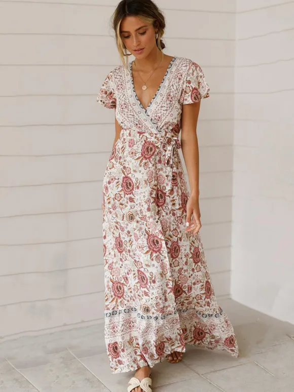 Boho Floral Wrap Maxi Dress For Women - Cream Ethnic Print V Neck Short Sleeve Dress - Summer Beach Vacation 2026