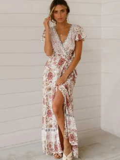 Boho Floral Wrap Maxi Dress For Women - Cream Ethnic Print V Neck Short Sleeve Dress - Summer Beach Vacation 2026