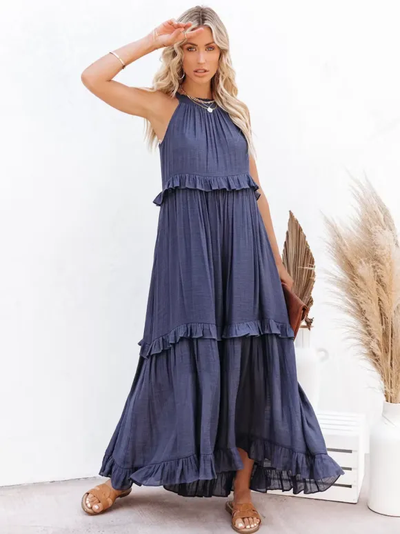 Boho Halter Neck Maxi Shift Dress for Women - Ruffle Tiered Flowy Sun Dress - Summer Beach Vacation 2026