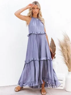 Boho Halter Neck Maxi Shift Dress for Women - Ruffle Tiered Flowy Sun Dress - Summer Beach Vacation 2026
