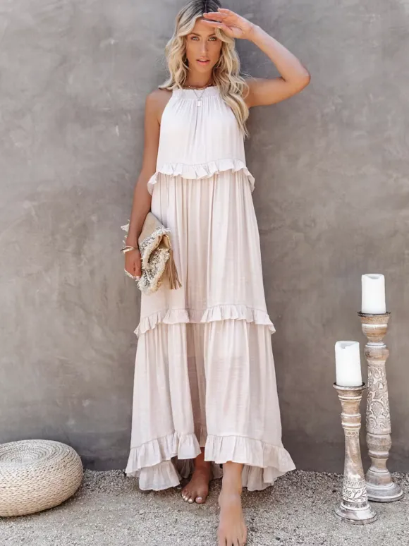 Boho Halter Neck Maxi Shift Dress for Women - Ruffle Tiered Flowy Sun Dress - Summer Beach Vacation 2026