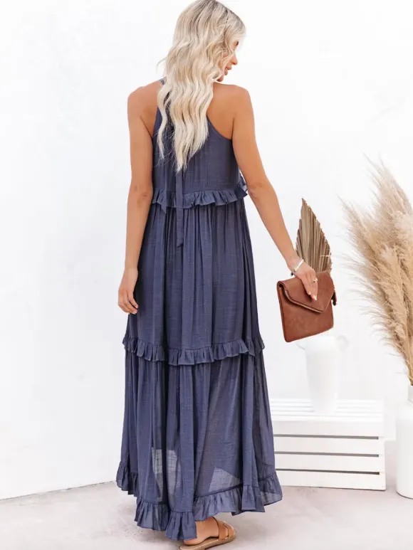 Boho Halter Neck Maxi Shift Dress for Women - Ruffle Tiered Flowy Sun Dress - Summer Beach Vacation 2026