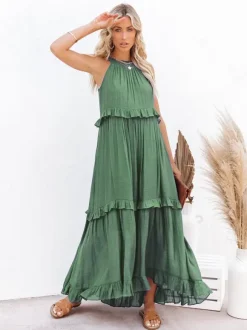 Boho Halter Neck Maxi Shift Dress for Women - Ruffle Tiered Flowy Sun Dress - Summer Beach Vacation 2026