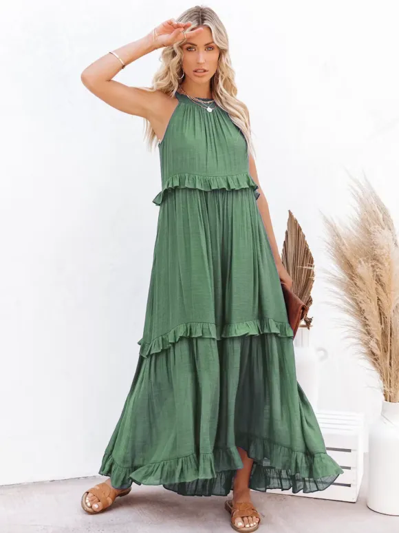 Boho Halter Neck Maxi Shift Dress for Women - Ruffle Tiered Flowy Sun Dress - Summer Beach Vacation 2026
