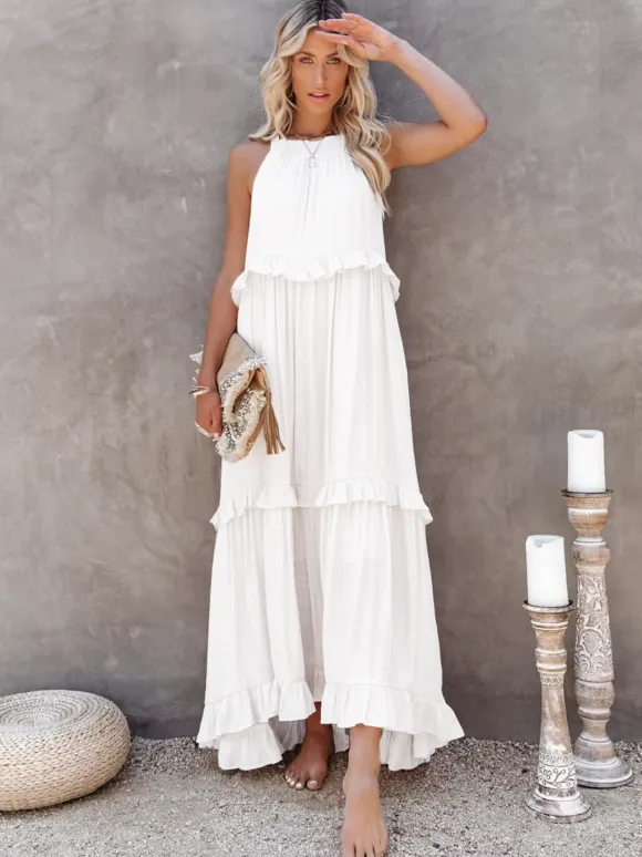 Boho Halter Neck Maxi Shift Dress for Women - Ruffle Tiered Flowy Sun Dress - Summer Beach Vacation 2026