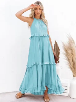 Boho Halter Neck Maxi Shift Dress for Women - Ruffle Tiered Flowy Sun Dress - Summer Beach Vacation 2026
