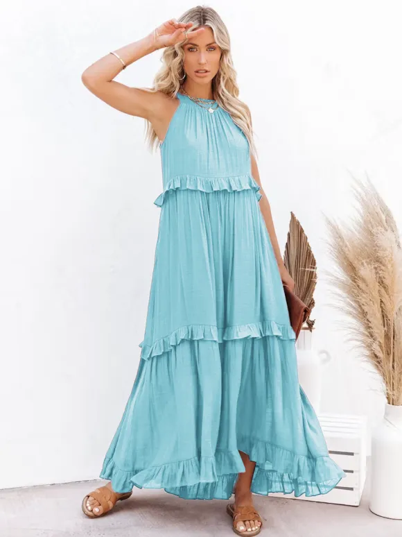 Boho Halter Neck Maxi Shift Dress for Women - Ruffle Tiered Flowy Sun Dress - Summer Beach Vacation 2026