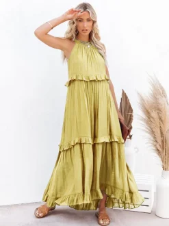 Boho Halter Neck Maxi Shift Dress for Women - Ruffle Tiered Flowy Sun Dress - Summer Beach Vacation 2026