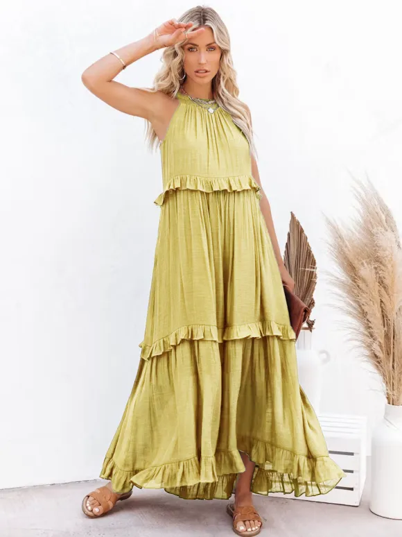Boho Halter Neck Maxi Shift Dress for Women - Ruffle Tiered Flowy Sun Dress - Summer Beach Vacation 2026