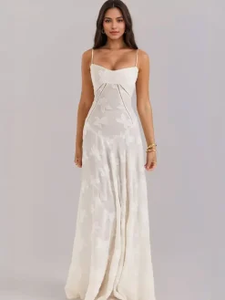 Boho Jacquard Sheer Maxi Dress for Women - Cream White Lace-up Back Slim Fit A-Line Flowy Cami Gown - Summer Beach Party 2026
