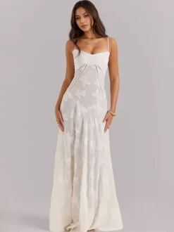 Boho Jacquard Sheer Maxi Dress for Women - Cream White Lace-up Back Slim Fit A-Line Flowy Cami Gown - Summer Beach Party 2026