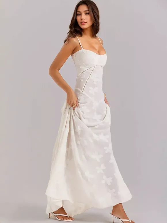 Boho Jacquard Sheer Maxi Dress for Women - Cream White Lace-up Back Slim Fit A-Line Flowy Cami Gown - Summer Beach Party 2026